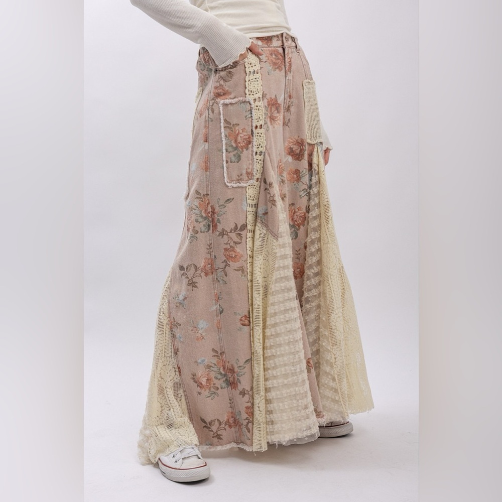 NWT Floral Print Boho Patchwork Lace Panel Ultra Wide Leg Flare Bohemian Pants - Picture 11 of 14